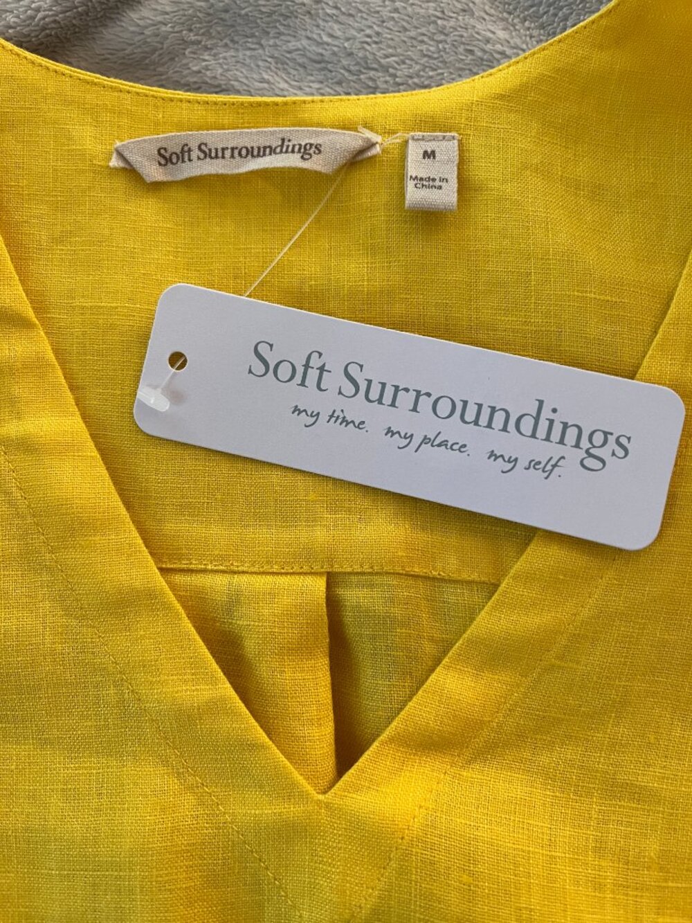 NWT Soft Surroundings Yellow Milano Linen Bell Sleeve V-Neck Shift Dress M - Picture 2 of 10